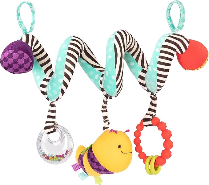 B. toys – Wiggle Wrap for Car Seat, Stroller, Crib – Spiral with 3 Hanging Toys – Rattle, Plush Bee & Teether – Wrap Around Infant – 0+ Months