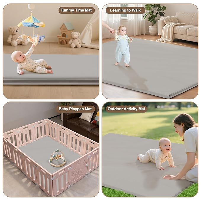 HARBOLLE Baby Play Mat 71x55 Inches, Extra Thick 1.2" Foam Floor Mat for Tummy Time & Crawling, Waterproof Non-Slip Faux Leather Playpen Mat for Infants Toddlers, Indoor Outdoor Gym Activity, Gray