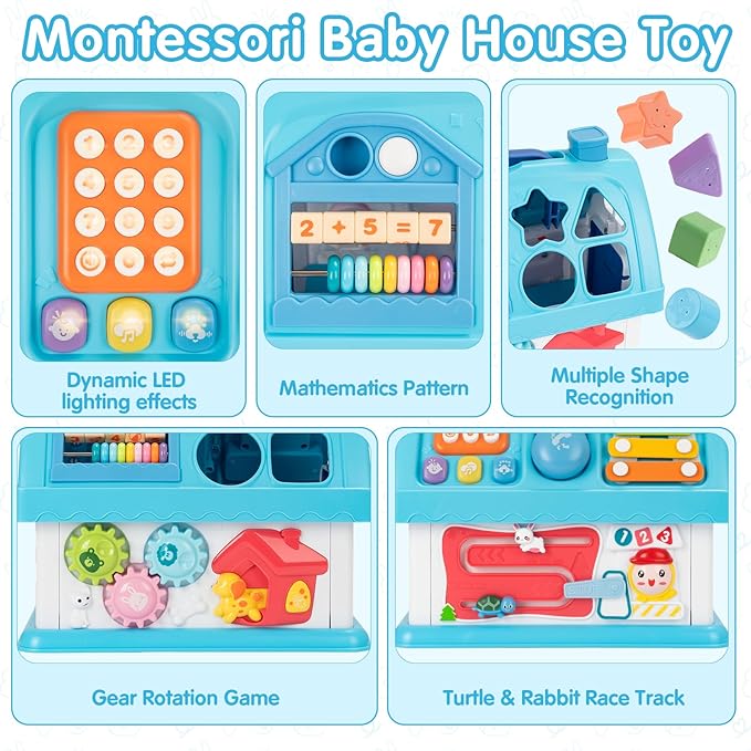 Montessori Toys for 1 Year Old, Baby Music Toys for 1 Year Old Girl Gift, 12-in-1 Musical House Toddler Learning Toy for 1 2 3 Ages, First Birthday Gifts for Girls and Boys, Educational Toy, (Blue)