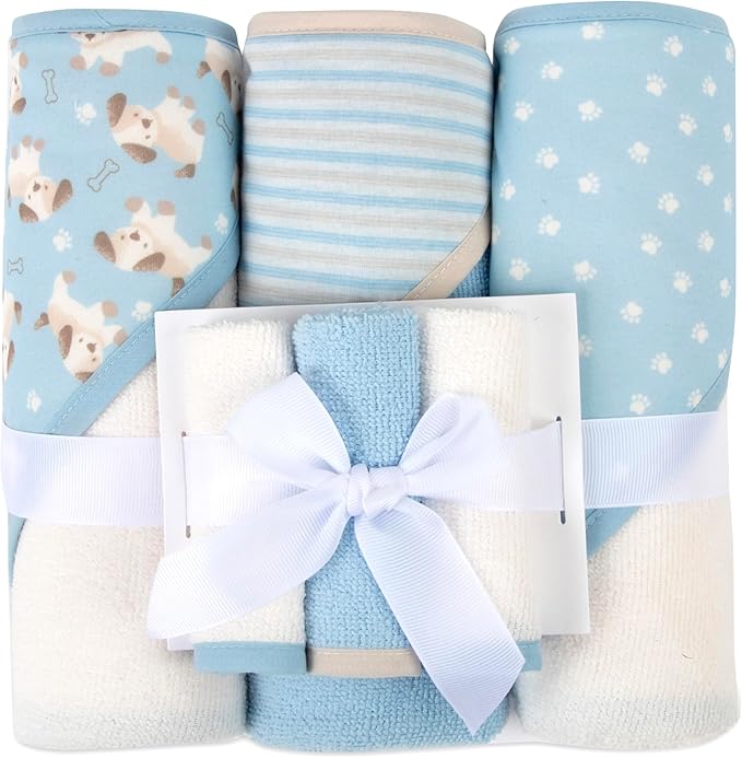 Jessica Simpson 6 Piece Printed Hooded Bath Towel and Washcloth Set for Infant, Newborns and Toddlers 3 – 24 Months for Bath Time, Showers, Lounge, Beach and Pool (6 Piece Puppies Print)