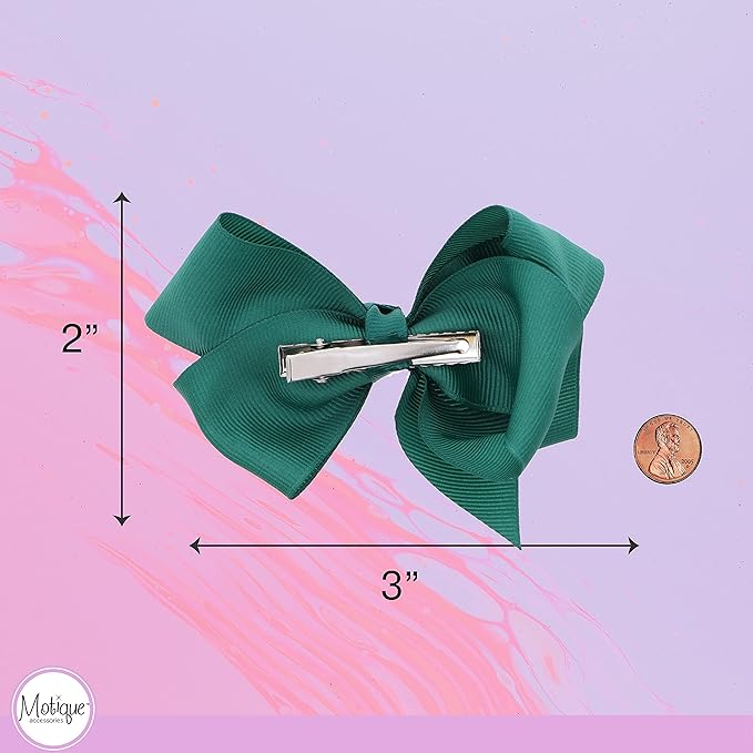 3 Inch Grosgrain Bow for Little Girls- Set of 2 (Hunter Green)