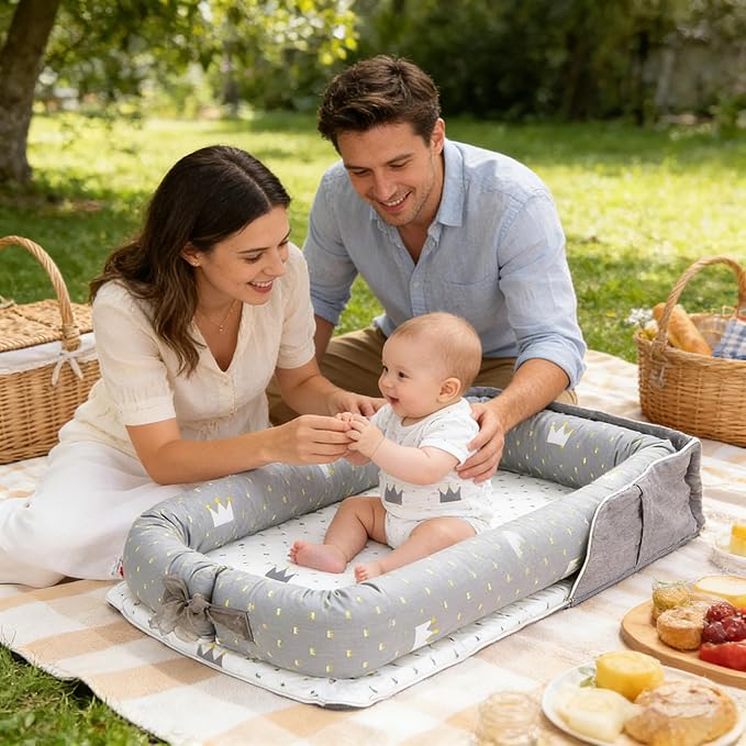 Baby Lounger for Newborn Portable Bag,Baby Lounger Play Mat for Awake-Time,Newborn Babies Essentials Gifts 0-24 Months Home Travel(Crown Grey)