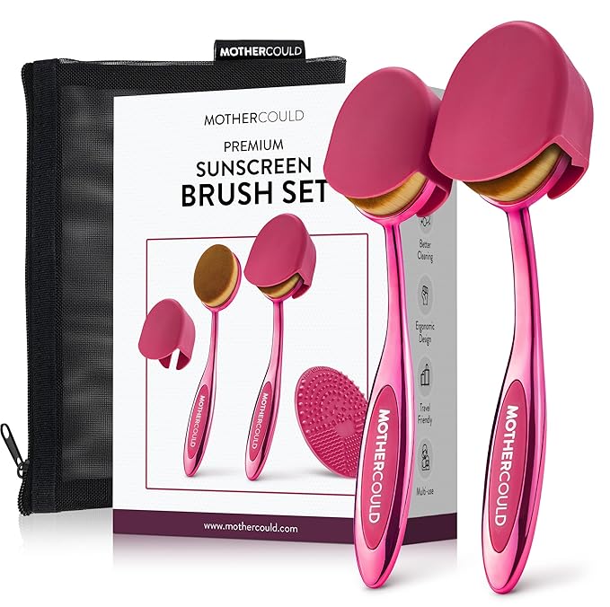 Mothercould Premium Sunscreen Brush Set Kids & Baby Sunblock Applicator with Metal Handles, Travel Bag, 2 Brushes, 2 Caps, & Cleaning Mat Mess-Free Sun Care (2 Pack) (Pink)
