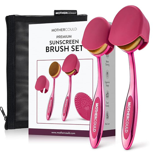 Mothercould Premium Sunscreen Brush Set Kids & Baby Sunblock Applicator with Metal Handles, Travel Bag, 2 Brushes, 2 Caps, & Cleaning Mat Mess-Free Sun Care (2 Pack) (Pink)