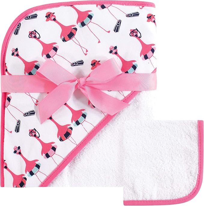 Hudson Baby Unisex Baby Cotton Hooded Towel and Washcloth, Fancy Flamingo, One Size