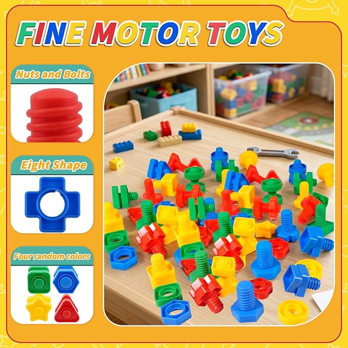 Bbiamsleep 40 Pcs Plastic Nuts and Bolts for Kids Fine Motor Skills Nuts and Bolts Toys Shapes Color Matching Toys for Sorting Counting Training Preschoolers(Random)
