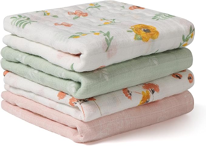 Baby Muslin Burp Cloths, 100% Cotton Burping Cloths Super Absorbent Soft, Bath Towel Burp Cloths for Baby Girl Boy, Great Gift for Newborn, 10 x 20 inch, 4 Pack, Leaves & Flowers