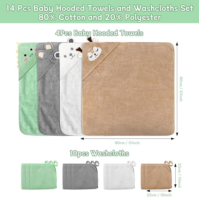 14 PCS Baby Towels Set, 4 PCS Soft Baby Hooded Towels & 10 PCS Washcloths, Baby Bath Towels for Newborns, Infants & Toddlers, Ultra Absorbent, Cute Baby Towel Gift for Boys