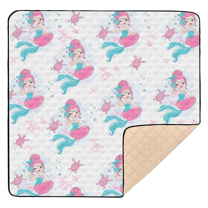 Baby Play Mat Beautiful Mermaid and Turtle 50 x 50 Playpen Mat Baby Play Mats for Floor Play Gym Crawling Mat Non-Slip Cushioned Baby Playmat for Infants, Babies, Toddlers