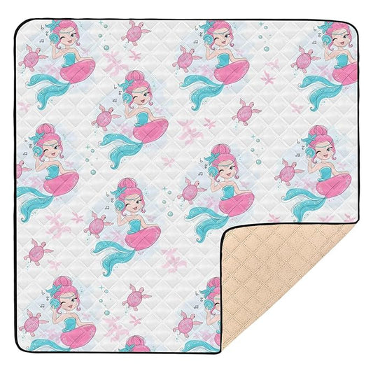 Baby Play Mat Beautiful Mermaid and Turtle 50 x 50 Playpen Mat Baby Play Mats for Floor Play Gym Crawling Mat Non-Slip Cushioned Baby Playmat for Infants, Babies, Toddlers