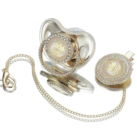 Sparkling Bling Custom Baby Pacifiers and Clips/Holder Kit with Name Personalized with Rhinestones for Boy and Girl Baby Shower (Gold)