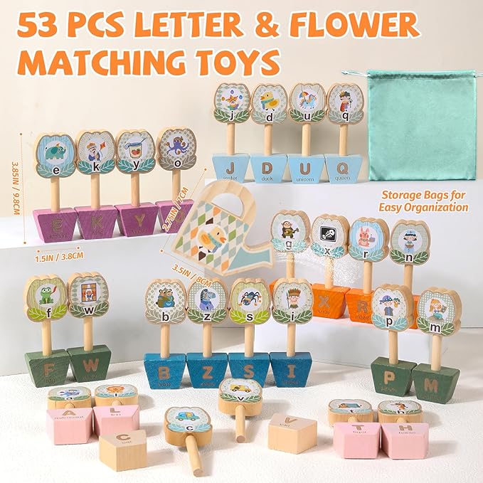 Montessori ABC Learning Toys for Kids, Wooden Matching Games for Toddlers 3-5 - Letter & Flower Matching Alphabet Puzzles with Storage Bag, Fine Motor Skills Toys Gift for Girls Boys 3+ Years Old