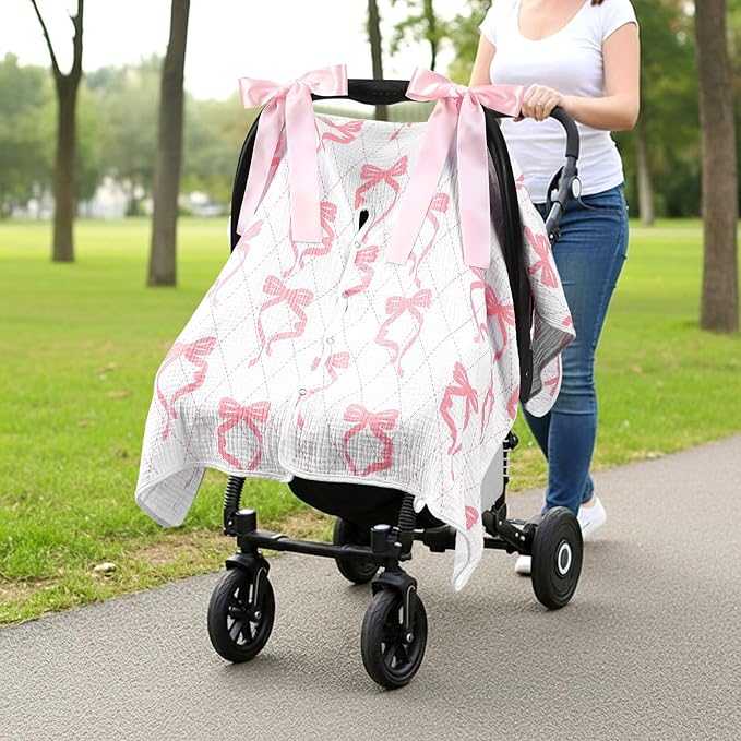 Tegeme 2-in-1 Pink Bow Muslin Baby Car Seat Cover Breathable Multi-use Nursing Infant Car Seat Cover Windproof Canopy for Breastfeeding Strollers Carriers