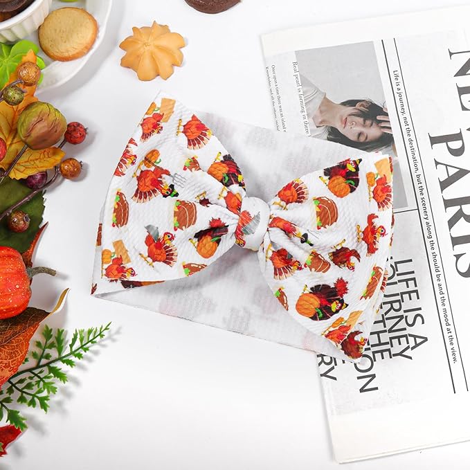 Thanksgiving Fall Baby Girl Bows Turkey Printed Headbands for Baby Girls Handmade Pumpkin Knotted Bows Baby Head Wraps Autumn Holiday Gifts