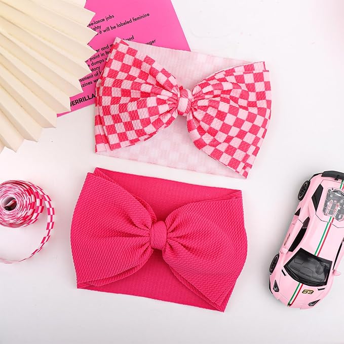 YanJie 2PCS 7’’ Hot Pink Bows for Baby Girls Checkered Headband Pink Bow Infants Toddler Hair Accessories Newborn Headbands Hair Bow Baby Clothes