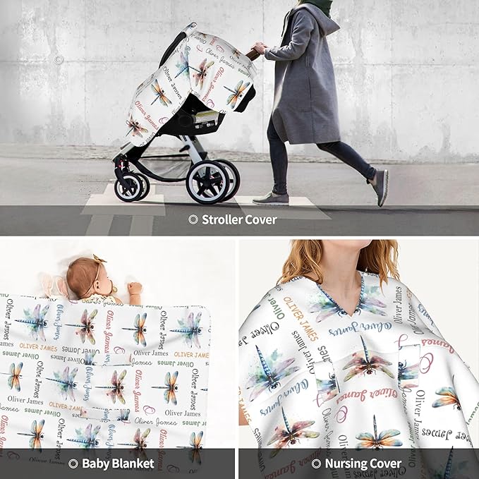 Personalized Baby Car Seat Canopy with Name Custom Minky Dragonfly Car Seat Covers Nursing Cover for Breastfeeding Multi-Use Cover Infant Carrier Carseat Winter Cover for Newborn Girls Boys