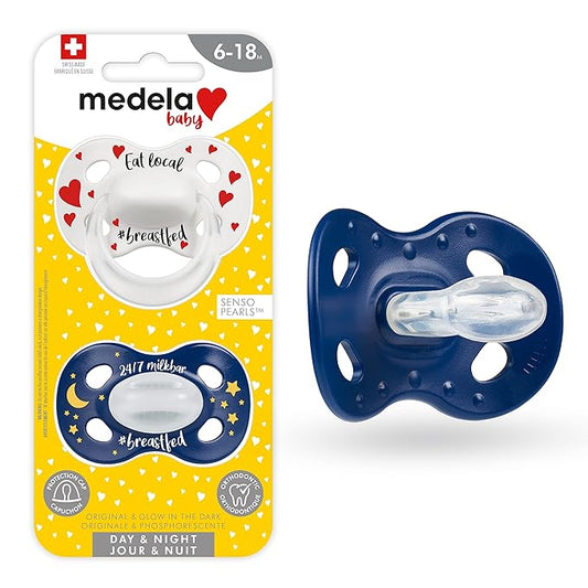 Medela Baby Pacifier | Day and Night Glow in The Dark | 6-18 Months | 2-Count, Lightweight | BPA-Free | Supports Natural Suckling | Eat Local and 24/7 Milkbar