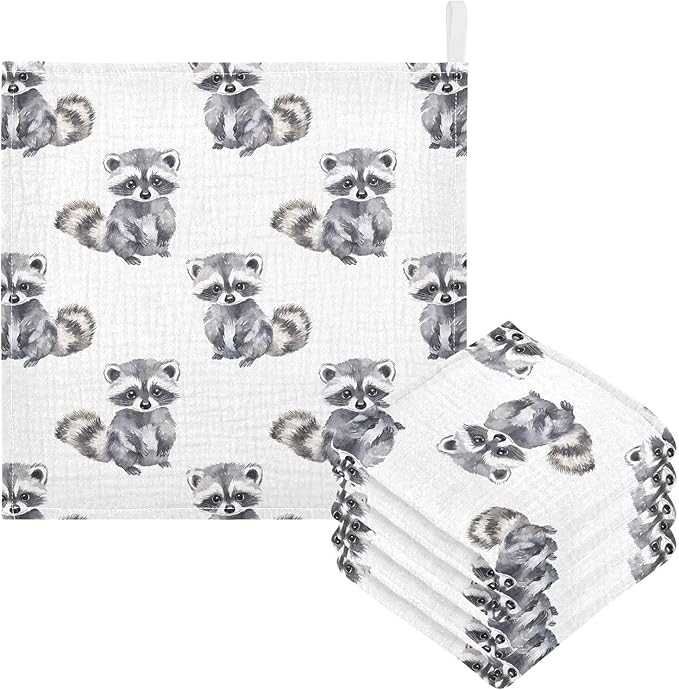 vvfelixl Baby Muslin Washcloths Little Raccoon Baby Burp Cloths Cotton Babys Face Towel for Newborn Infants Boys Girls Soft and Absorbent 11.8 X 11.8 in, 3 Pack