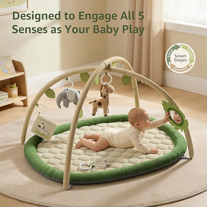 Baby Play Gym & Activity Mat, Baby Play Mat with 5 Detachable Toys, Promotes Motor Skills & Sensory Development, Tummy Time Mat for Baby to Toddler, Baby Essentials Shower Gift, Green