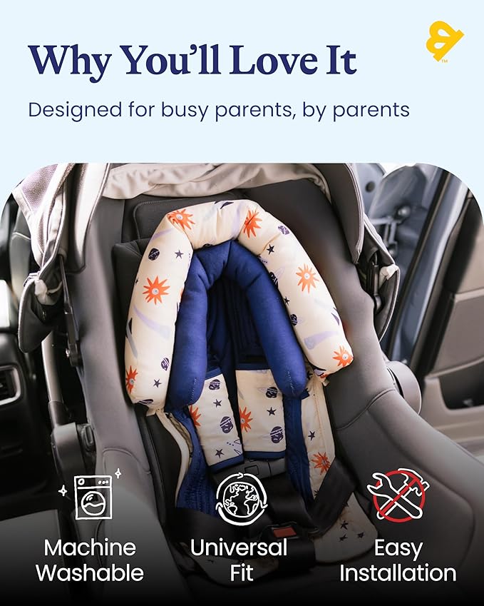 GoldBug Deluxe Duo Car Seat Head Support + Matching Strap Covers for Baby and Infant - Space Explorer