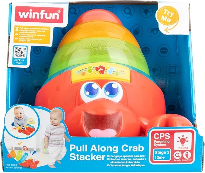 Winfun: Pull Along Crab Stacker - Lights & Sounds, Walking & Stacking Toy, 4 Colorful Cups, Motor Training, Sensory Toy, Baby & Toddler Ages 12mo+