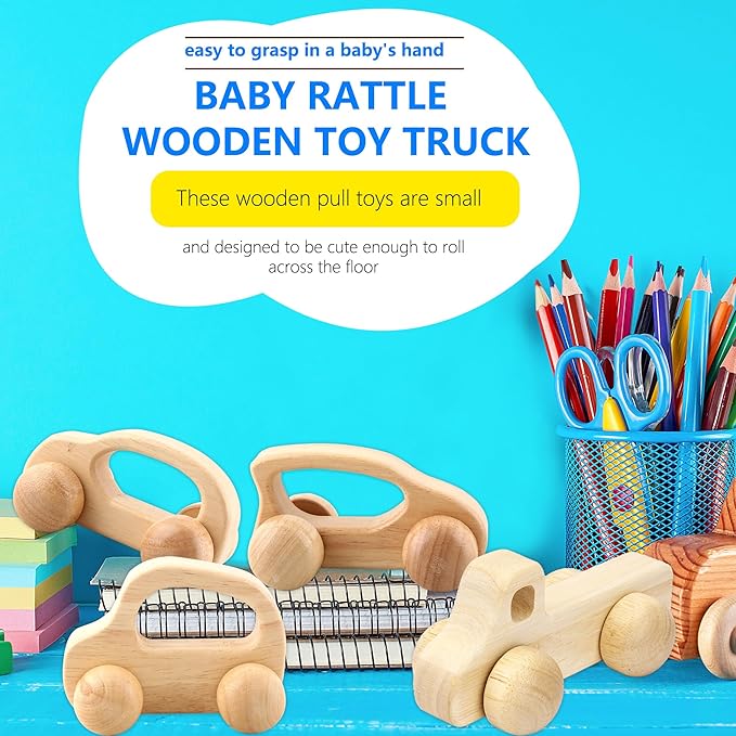 4 Pieces Wooden Toy Cars Mini Push Wood Truck Car Natural Wood Toys for Baby Toddler Birthday Party Gifts Nursery Decoration, 4 Styles