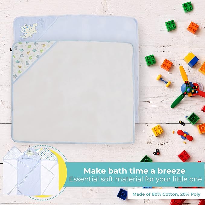 Spasilk 3-Piece Hooded Towel Set for Newborn Boys and Girls, Soft Terry Baby Towels, Baby Essentials, Blue Dino
