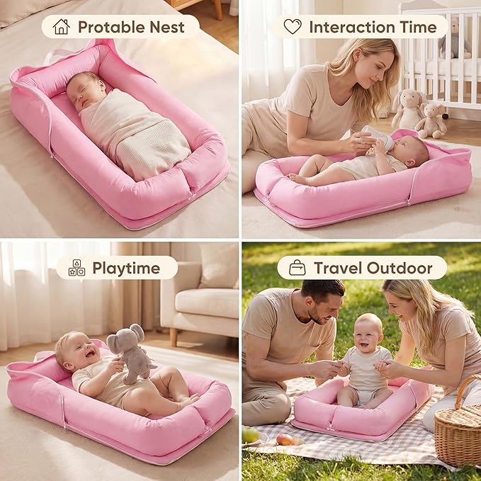Baby Lounger for Newborn, Breathable and Soft Baby Lounger Pillow, Portable Infant Lounger with Removable Cover, Adjustable Lounger for Baby 0-12 months, Tummy Time Baby Lounger for Home and Travel