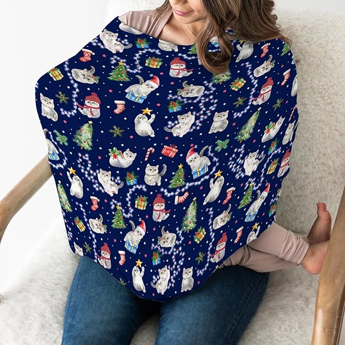 Blue Christmas Holiday Cats Car Seats Cover for Babies Winter Kitten Trees Lights Candy Stretchy 5-in-1 Cover Adjustable Car Canopy Breastfeeding Cover Cats Lover Gift Breathable Nursing Cover-Up