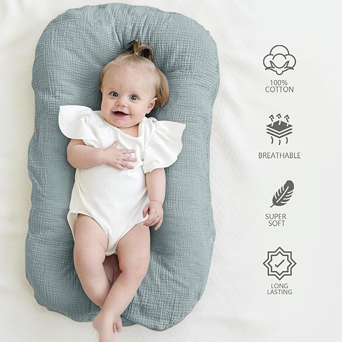 MairMore Muslin Baby Cover for Newborn, Soft and Breathable 100% Cotton Lounger Slipcover Neutral, Pack of 2(Blue, Grey)