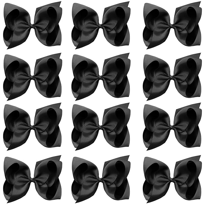 Oaoleer Big Hair Bows for Girls 12 PCS 6" Black Grosgrain Ribbon Large Boutique Bow Alligator Clips Hair Accessories for Toddlers Little Girls Kids