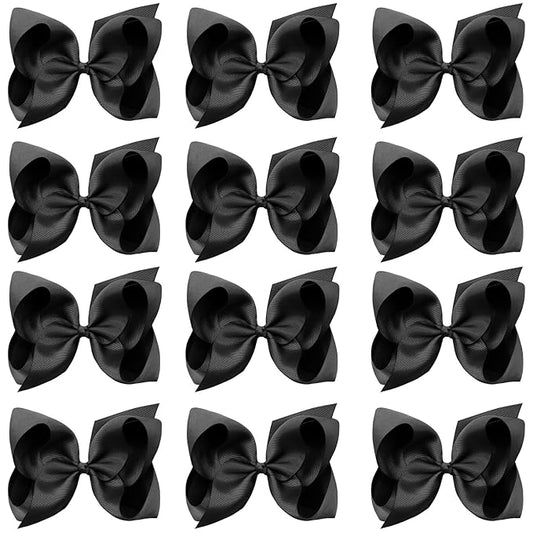 Oaoleer Big Hair Bows for Girls 12 PCS 6" Black Grosgrain Ribbon Large Boutique Bow Alligator Clips Hair Accessories for Toddlers Little Girls Kids