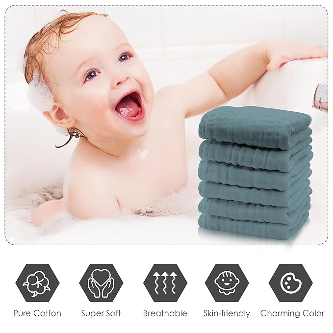 Cute Castle 12 Pack Muslin Baby Washcloths - Large 12'' by 12'' - Ultra Soft 100% Cotton - Super Absorbent Burp Cloths for Unisex, Boy, Girl -Dark Green