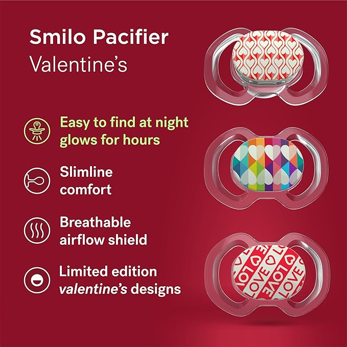 Smilo Baby Pacifier - 3 Pack of Slimline Pacifiers for Babies - Stage 3 for Babies 9+ Months - 100% Silicone Pacifier and BPA Free - Glow in The Dark - Valentine's Day Love Edition