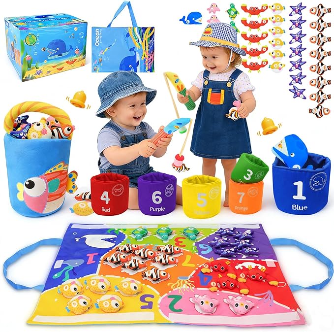 Montessori Toys for 1 Year Old, 40PCS Upgraded Fishing Game Toys for Toddlers 1-3, Educational Baby Toy for Color Sorting, Number & Alphabet Learning, Birthday Gifts for Baby Boy Girl Age 1 2 3
