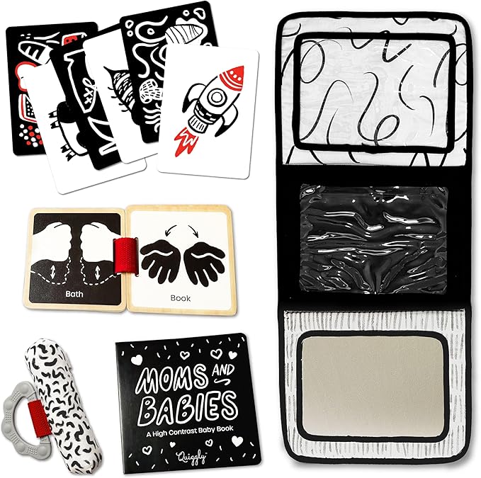 Quiggly High Contrast Baby Toy Set - Black and White Newborn Sensory Toys - Tummy Time Mirror, 25 Visual Stimulation Cards & Board Book - Infant Play Kit for Newborns 0-3 Months (Standard)