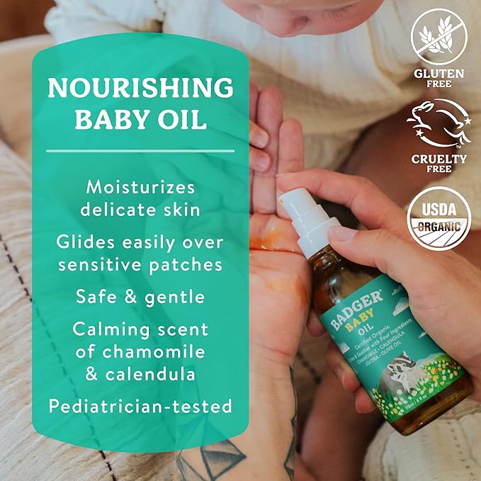 Badger Baby Oil, 100% Organic Ingredients to Soften & Moisturize Dry Skin or Cradle Cap, Soothing Vegan Organic Baby Oil, 4 fl oz Glass Bottle