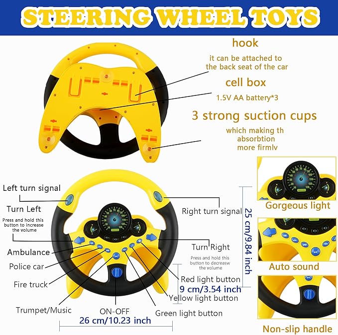2 Pack Car Driving Simulated Toy Kids Steering Wheel Copilot Driving Steering Wheel Toy with Light Music for Kids Early Learning Educational Sounding Toys, 2 Colors