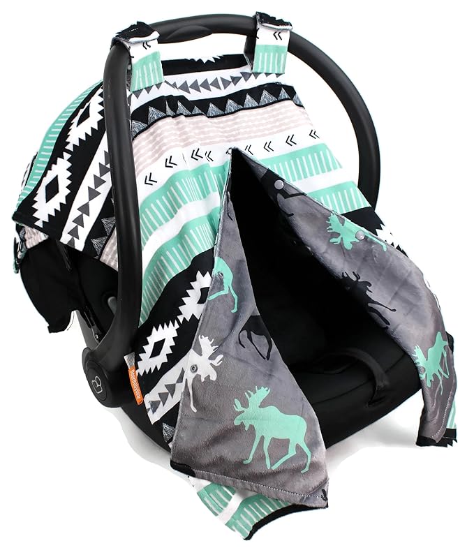 Dear Baby Gear Car Seat Cover for Boys & Girls - Baby Carseat Canopy w/Snap Opening - Infant Seat Cover - Stroller & Nursing Covers - Newborn Carrier Canopy - 40x30 (Mint Moose, Black Grey Aztec)