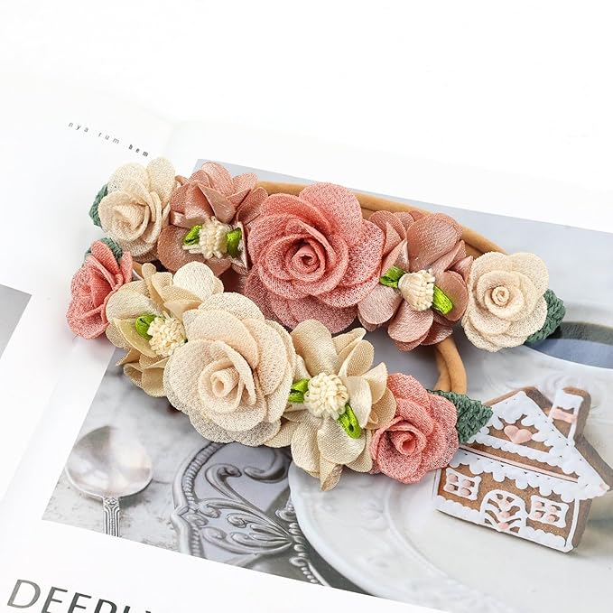 Dizila 6 Pieces Super Soft Stretchy Beige Dusty Pink White Baby Girl Flower Nylon Headbands Lace Floral Bow Headbands Hair Accessories for Newborns Infants Toddlers Girls Kids