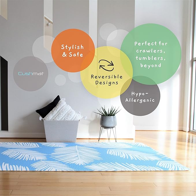 Cushmat Reversible Baby Playmat | Large | Soft, Thick, Waterproof, Easy-to-Clean, Non-Toxic, Durable, Non-Slip Play mat for Infants, Babies, Toddler, Kids & Grown-up (Palm Aqua - Beige Diamonds)