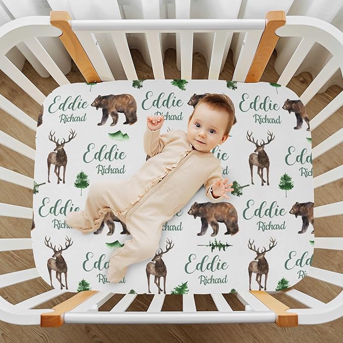 Personalized Pack and Play Sheets with Name, Custom Woodland Deer Bear Baby Mini Crib Sheets for Baby Boys Girls, Name Pack n Play, Fitted Sheet with Name, Soft and Breathable Material
