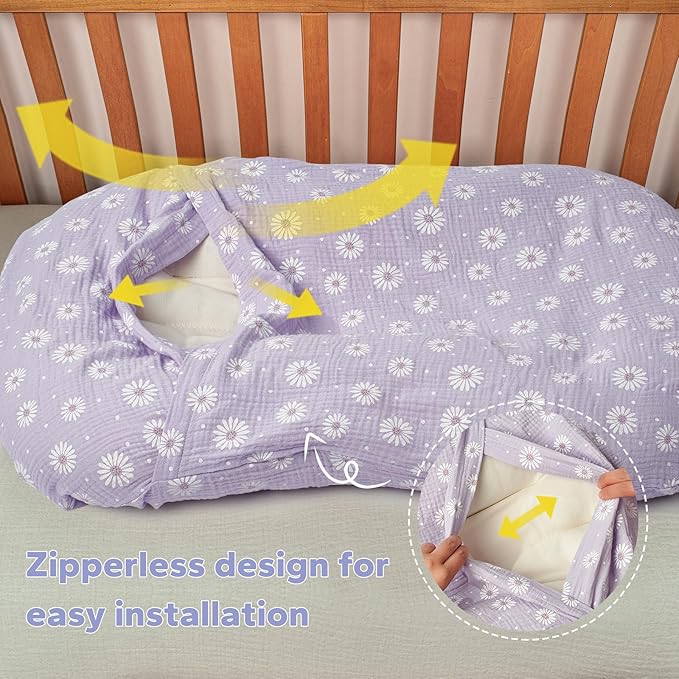 FUNUPUP Muslin Baby Lounger Cover Compatible with Snuggle Me Lounger, Infant Pillow Cover for Newborn, Removable Nest Slipcover for Boys and Girls, Only Cover, Purple Daisy