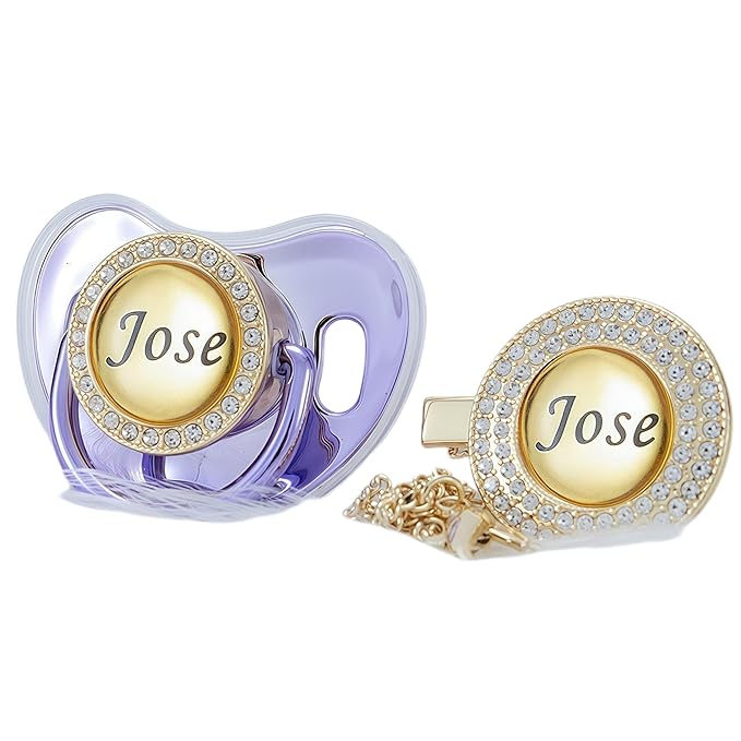 Custom Name Bling Pacifier & Clip Set – Personalized Binky for Baby Shower, Newborn Keepsake for Photos (Metallic Purple)