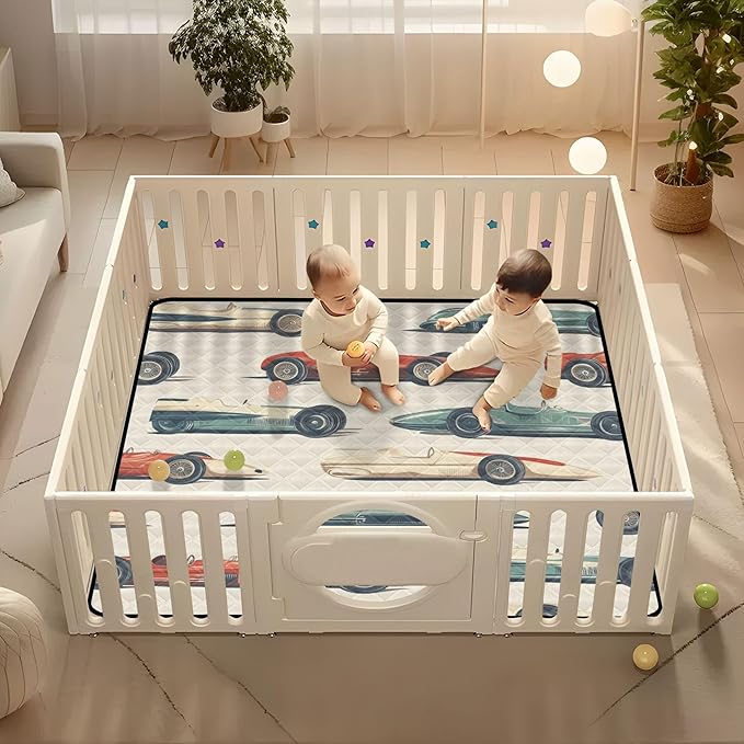 Race Cars Vintage Baby Playmat Washable Playroom Crawling Mat Non-Slip Play Mats for Floor 50x50 Mat