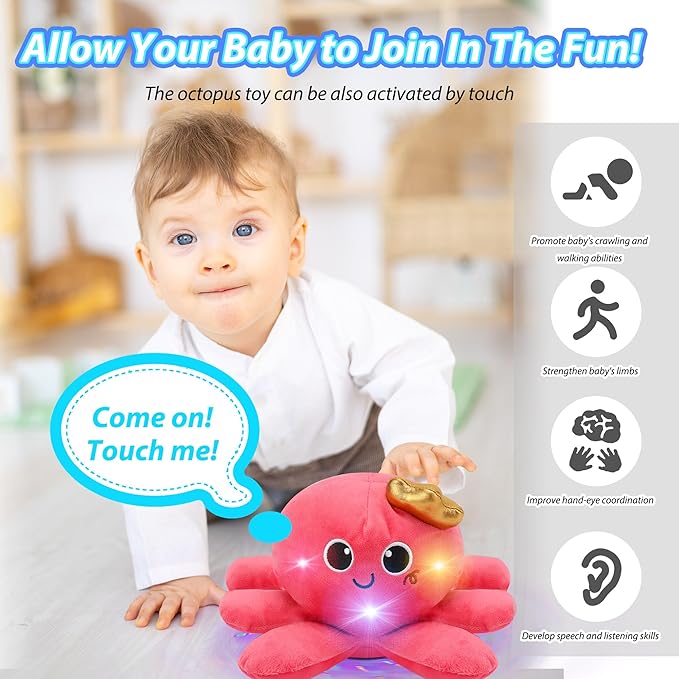 Musical Octopus Baby Toy - Crawling & Rotating Octopus Toy with Recording, Light-Up Voice Control, Clap Hands Awake for 2-6 Year Old Boys and Girls, Tummy Time Sensory Toy