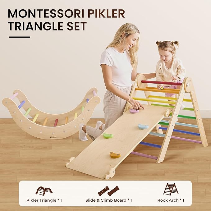 Belleur Pikler Triangle Set, 7-in-1 Foldable Climbing Toys for Toddlers 1-6 Years Old, Wooden Montessori Climbing Set with Arch, Ramp & Ladder, Baby Indoor Climber Jungle Gyms - Rainbow