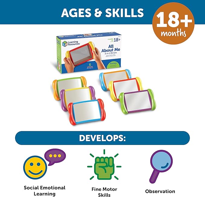 Learning Resources All About Me 2 in 1 Mirrors - 6 Pieces, Ages 18+ months Toddler Social Emotional Learning Toys, Mirror for Kids