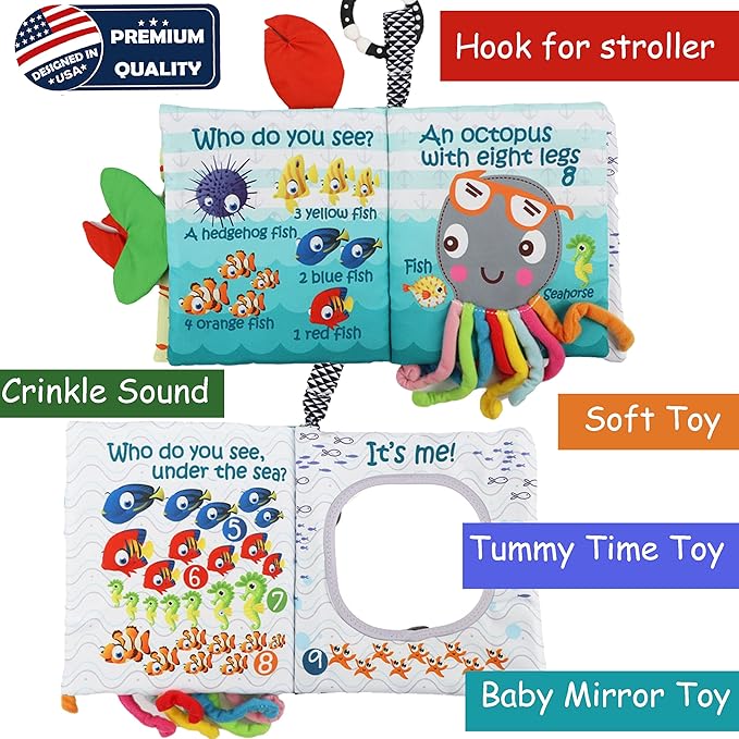 Fish Baby Books, Crinkle Books for Babies,Touch Feel,Infant Baby Toys 0-3 0-6 6-12 Months, Sensory Mirror Toys,Soft Teether,Teething,Shower Baby Easter Basket Stuffers,Baby Gifts for Boys Girls-Green