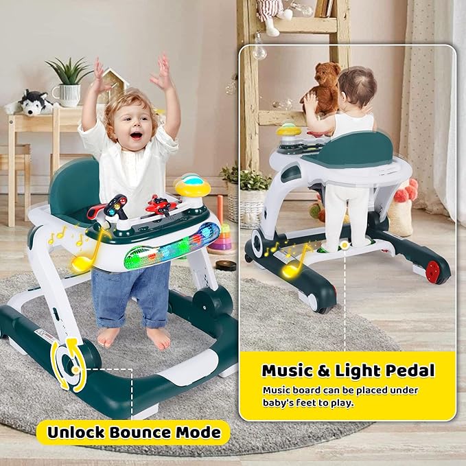 TODEFULL 6 in 1 Baby Walker, Baby Activity Walker for Toddler, Push Walker w/Adjustable Height Speed, Learning-Seated & Walk-Behind, Infant Walker w/Feeding Tray & Music Toys, Green